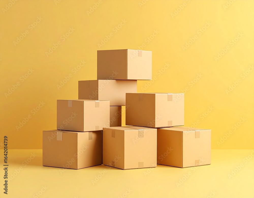 Obraz premium Varias cajas de cartón pequeñas apiladas ordenadamente sobre fondo amarillo pastel