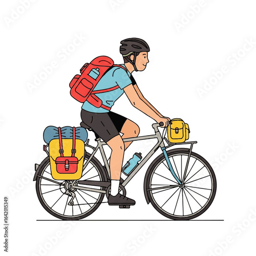 Illustration of a male cyclist on bike touring. Equipped with travel gear, he represents outdoor exploration, sustainable travel, and an active lifestyle.