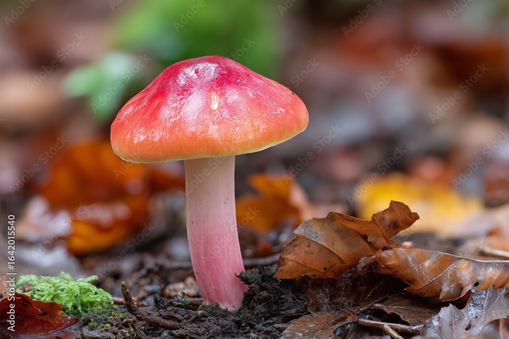 Red mushroom growing on forest floor. Autumn nature and natural habitat. Wild fungi for outdoor education and environmental concept. Red mushroom growing on forest floor. Autumn nature and natural habitat. Wild fungi for outdoor education and environmental concept.