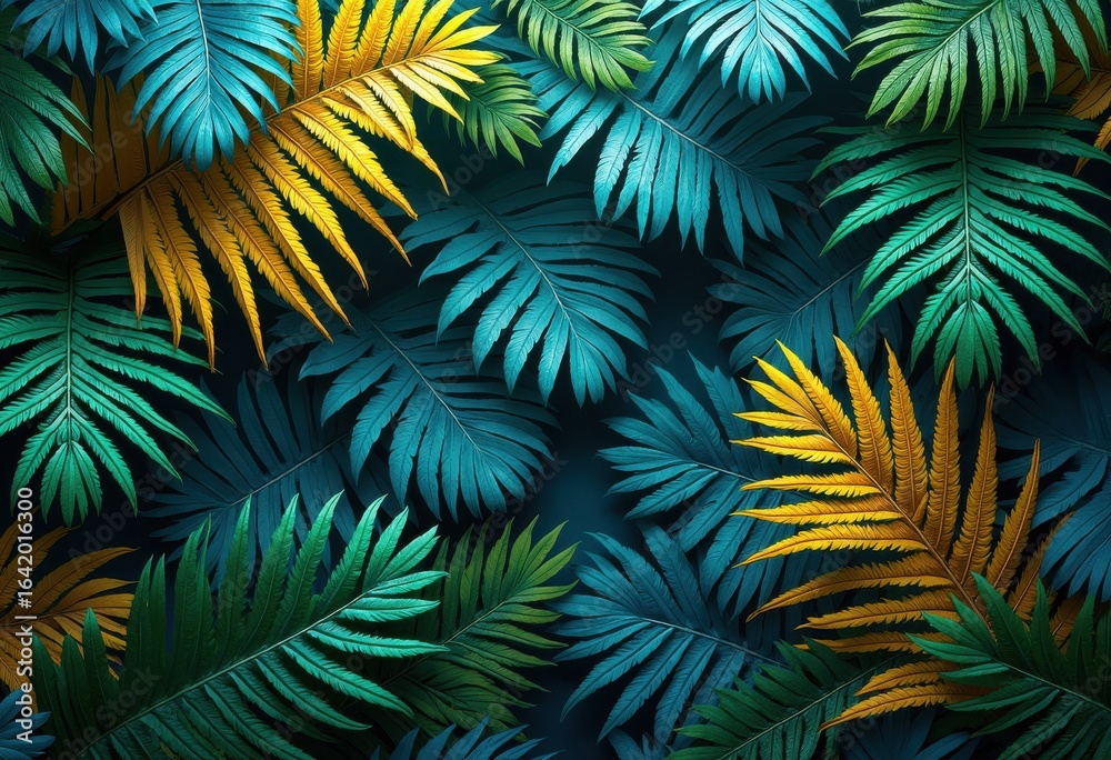 Fototapeta premium vibrant tropical leaves natural pattern textured background colorful fern palmeiras foliage lush greenery abstract art, plant, nature, botanical, flora, textures