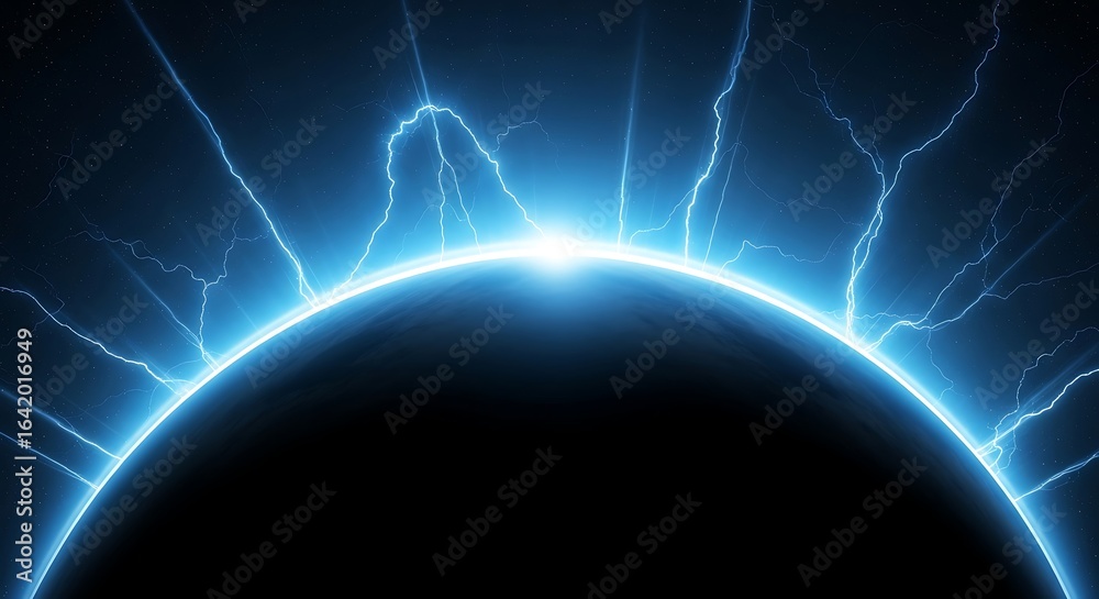 Fototapeta premium Abstract illustration of a planet with vibrant blue lightning bolts.