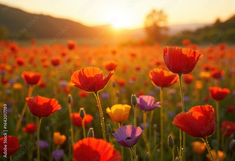 Obraz premium vibrant wildflower fields sunrise radiant colors spring awakening, nature, landscape, blossom, meadow, dawn, pollen, vivid, petal, dew, scenic, flora