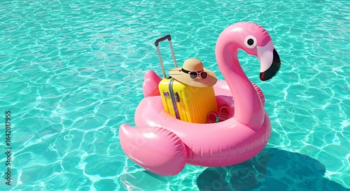 Summer vacation concept with pink flamingo float and yellow luggage in a swimming pool. YY 32
