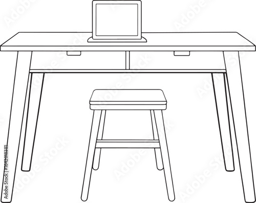 Modern desk and stool with laptop for study or work from home, simple line drawing for creative projects