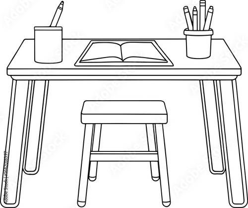 Illustrative study desk with open book and stationery, perfect for educational resources and creative projects