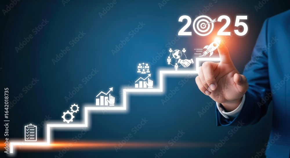 Obraz premium Business strategy towards goals in 2025, hand pointing to success concept, futuristic digital transformation, blue background