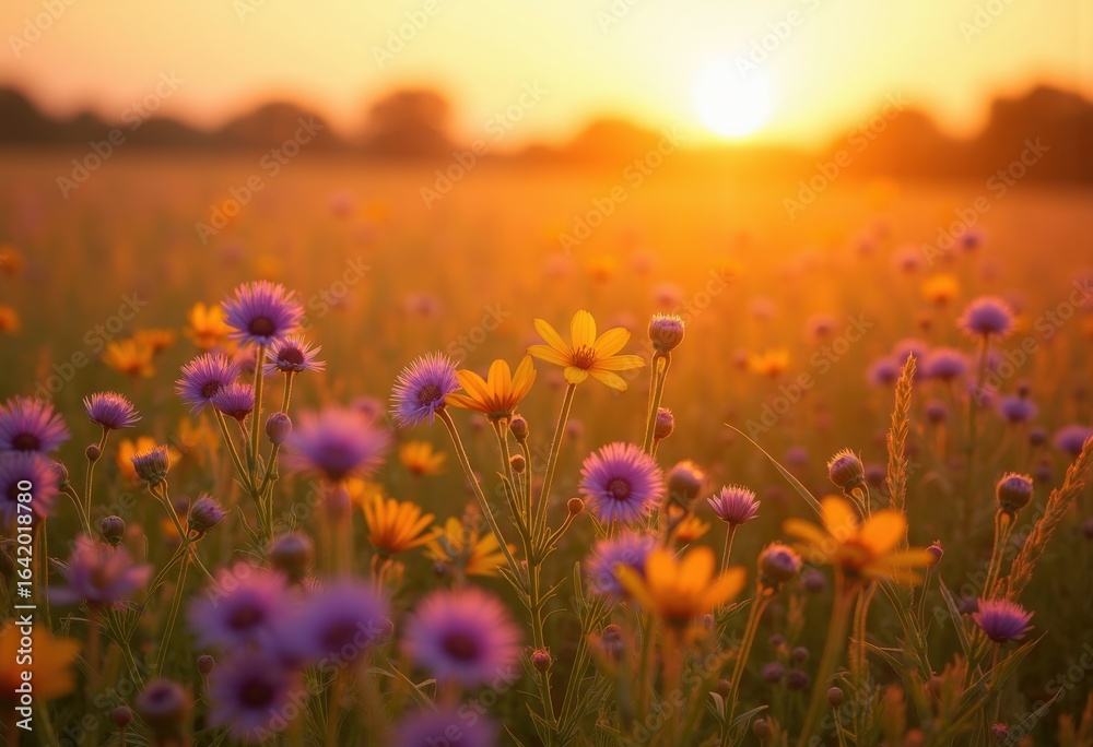 Obraz premium vibrant wildflowers golden savanna sunset nature colorful landscape serenity, field, flora, sky, meadow, petal, foliage, evening, beauty, outdoor