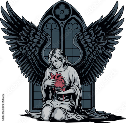 Angelic Empathy: An illustration of a serene angel, perched gracefully, offering a heart in a powerful display of compassion and emotional resonance.