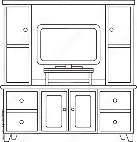 Elegant entertainment center furnishing for the living room provides ample storage and display space for electronics