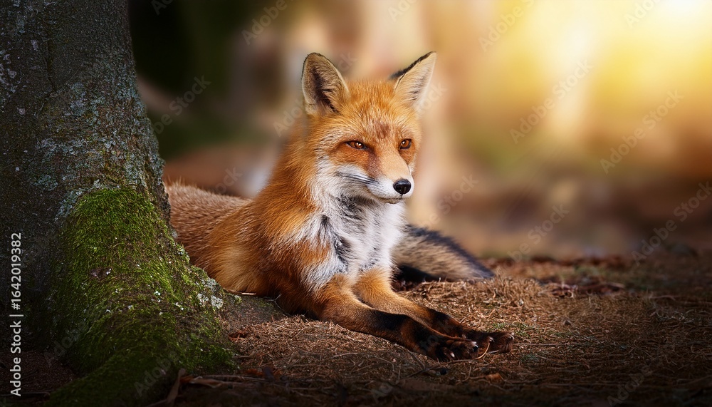 Fototapeta premium resting glowing fox beneath tree enchanted forest wildlife photography tranquil nature side view serene concept