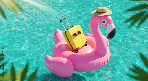 Grand getaway travel concept with an inflatable flamingo, hat, and suitcase in a sunny pool.