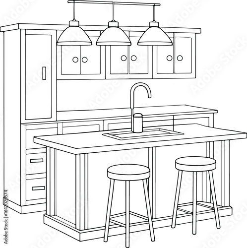 Modern kitchen island design with stools and sink, perfect for interior design inspiration and home renovation projects