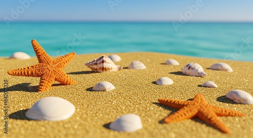 Two vibrant starfish and scattered seashells resting on a serene tropical beach by the sea.