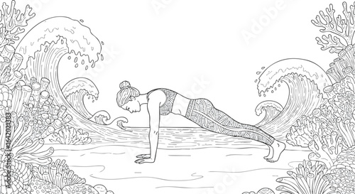 Woman Practicing Plank Pose with Ocean Waves Background Illustration