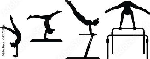 Female gymnast silhouettes performing various acrobatic handstands and balance beam exercises, showcasing strength, balance, and flexibility in vector art
