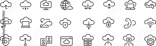 Flat Vector Outline Icons of Cloud Computing, Data Networking, Digital Technology, and Online Security for Website, Mobile Application, and UI Design
