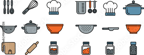 Kitchen, cooking, baking, utensils, tools, accessories, chef, equipment, food, restaurant, home, appliances, flat, design, vector, icons, set, pot, bowl, whisk