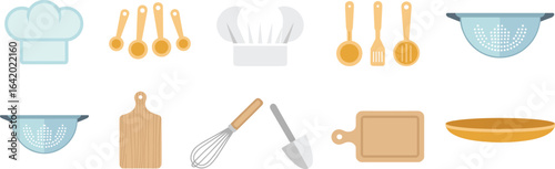 Kitchen, cooking, utensils, food, preparation, chef, hat, tools, equipment, whisk, cutting, board, colander, spatula, recipe, culinary, vector, icons, set, collection