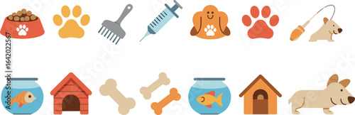 Pet care and animal supplies flat vector icons, including dog food, paw prints, grooming tools, fish, and doghouse for veterinary concepts