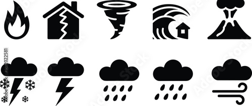 Natural disaster and weather event icons, a comprehensive set depicting risks like fire, earthquake, storm, flood, and various weather conditions for warnings