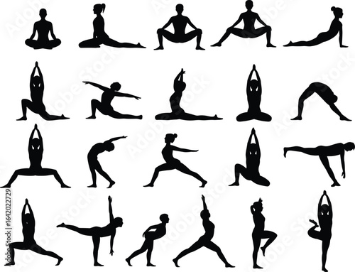 Set of yoga pose vector silhouettes, featuring a variety of postures for health, wellness, meditation, and exercise concepts on white background