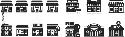 Store, shop, building, market, retail, business, architecture, front, facade, storefront, online, location, commercial, urban, city, vector, icons, set, collection, design