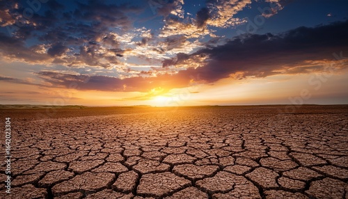 a cracked dry earth landscape stretches to a glowing sunset beneath dramatic clouds