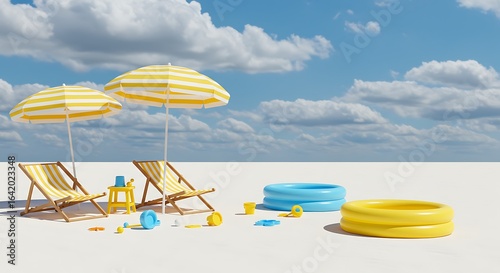 Sunny beach day concept with lounge chairs and umbrellas for holiday relaxation