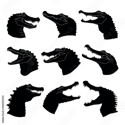 alligator head silhouette set, Black & White silhouette set
