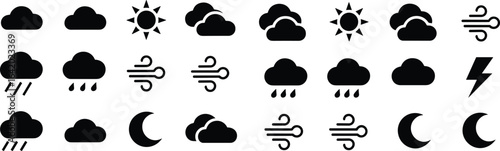 Weather, forecast, climate, meteorology, sun, cloud, rain, wind, storm, lightning, moon, seasons, nature, elements, forecast, vector, icons, set, collection, symbols