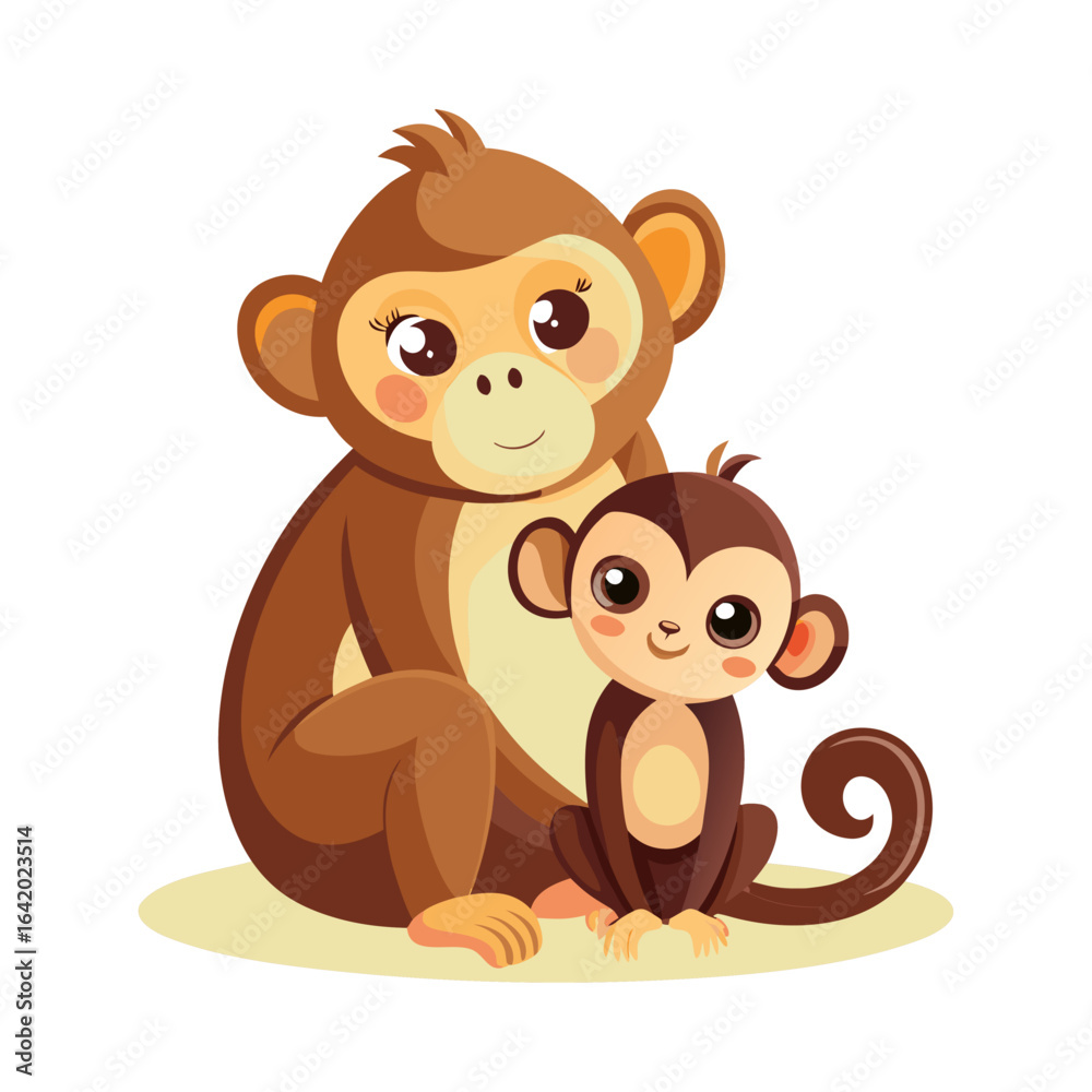 Fototapeta premium Heartwarming vector of a monkey tenderly caring for a baby monkey, symbolizing family love, nurturing, and wildlife connection.