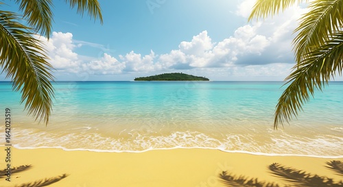 Idyllic tropical paradise beach with golden sand, turquoise water, and a remote island view.