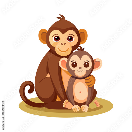 Heartwarming vector of a monkey tenderly caring for a baby monkey, symbolizing family love, nurturing, and wildlife connection.