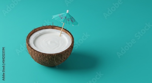 Fresh tropical coconut milk cocktail with a small umbrella on a turquoise background