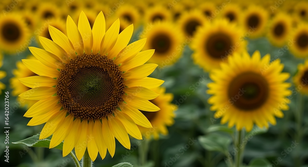 Naklejka premium Vibrant sunflower head in close-up against a beautiful, sun-drenched field of flowers