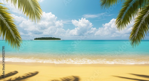 Idyllic sunny day on a tropical beach with calm ocean waves and a remote island on the horizon
