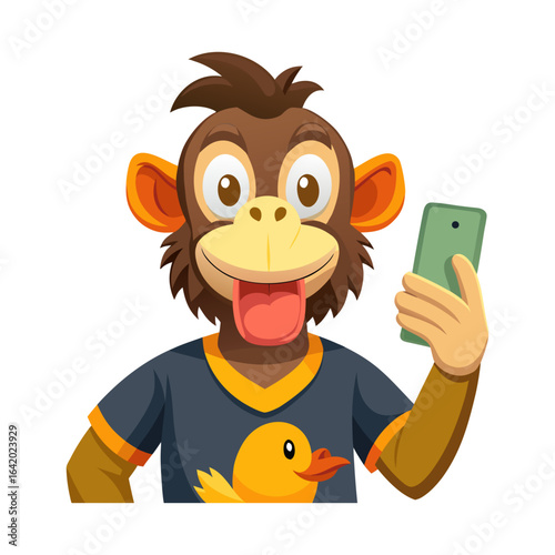 Playful Cartoon Monkey Taking Duck Face Selfie with Smartphone – Funny Animal Vector Illustration for Social Media and Digital Designs