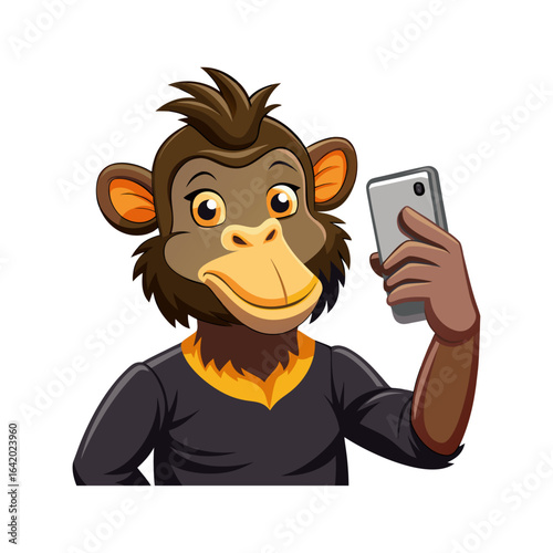 Playful Cartoon Monkey Taking Duck Face Selfie with Smartphone – Funny Animal Vector Illustration for Social Media and Digital Designs