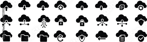 Cloud, computing, data, storage, security, network, management, server, upload, download, folder, file, sync, protection, transfer, settings, vector, icons, collection, set