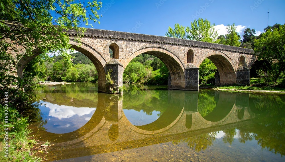Fototapeta premium Stone arch bridge over calm river, reflecting sky & trees