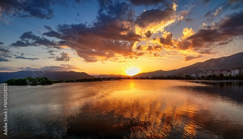 bright sunset over lake tirana albania golden clouds reflect in the water
