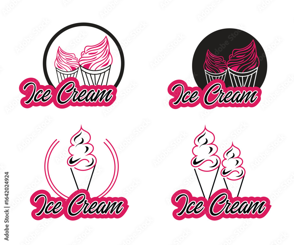 Obraz premium Strawberry ice cream logo collections, Ice cream logo in cups and cones, Badge ice cream logo set