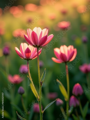 Pink cosmos flowers stand tall in a vibrant field, basking in warm sunlight in spring. death, funeral