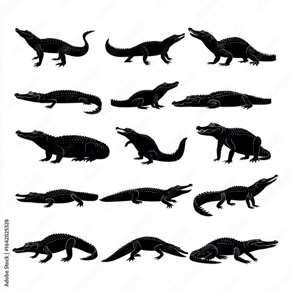 Naklejka premium alligator silhouette set, Black & White silhouette set 