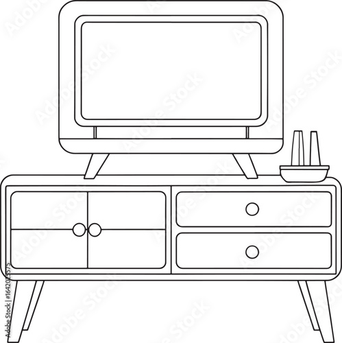 Outline of a retro television sitting on a mid-century modern cabinet with hairpin legs and salt shakers