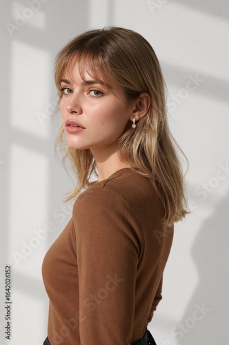 Junge Frau mit halblangen Haaren und braunem Oberteil im simulierten Tageslicht vor weißer Wand