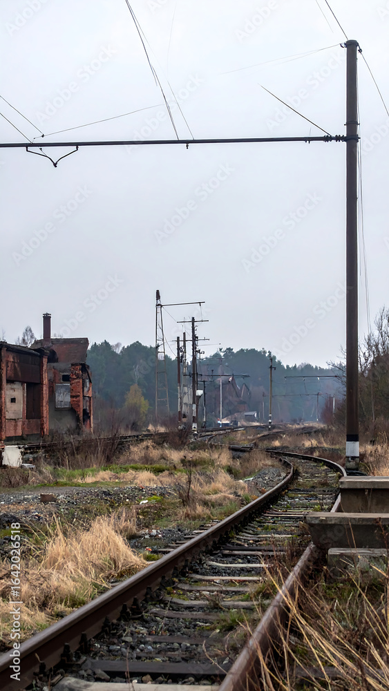 Obraz premium Abandoned railway tracks through industrial landscape