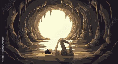 Cave Interior with Reflections Nature's Artistry and Subterranean Exploration, Mysterious cave exploration, reflecting light.