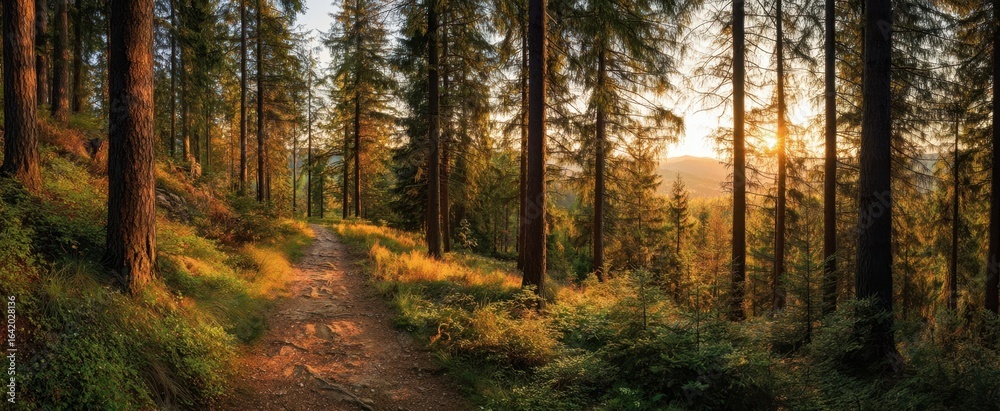 Fototapeta premium The tranquil forest path illuminated by a breathtaking sunset glow