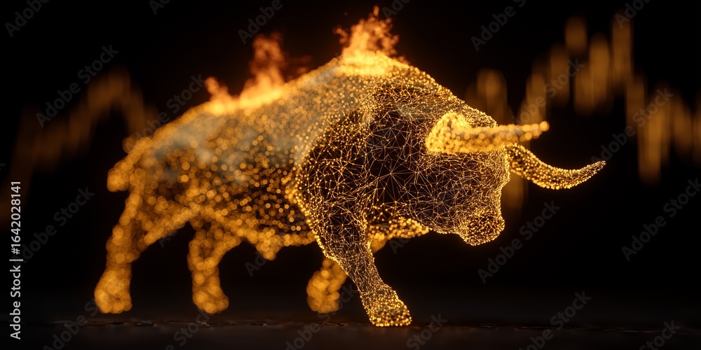 Fototapeta premium A glowing 3D wireframe bull representing market strength and energy, ideal for financial and investment themes, ideal for advertising, marketing, website backgrounds, banners, and commercial design